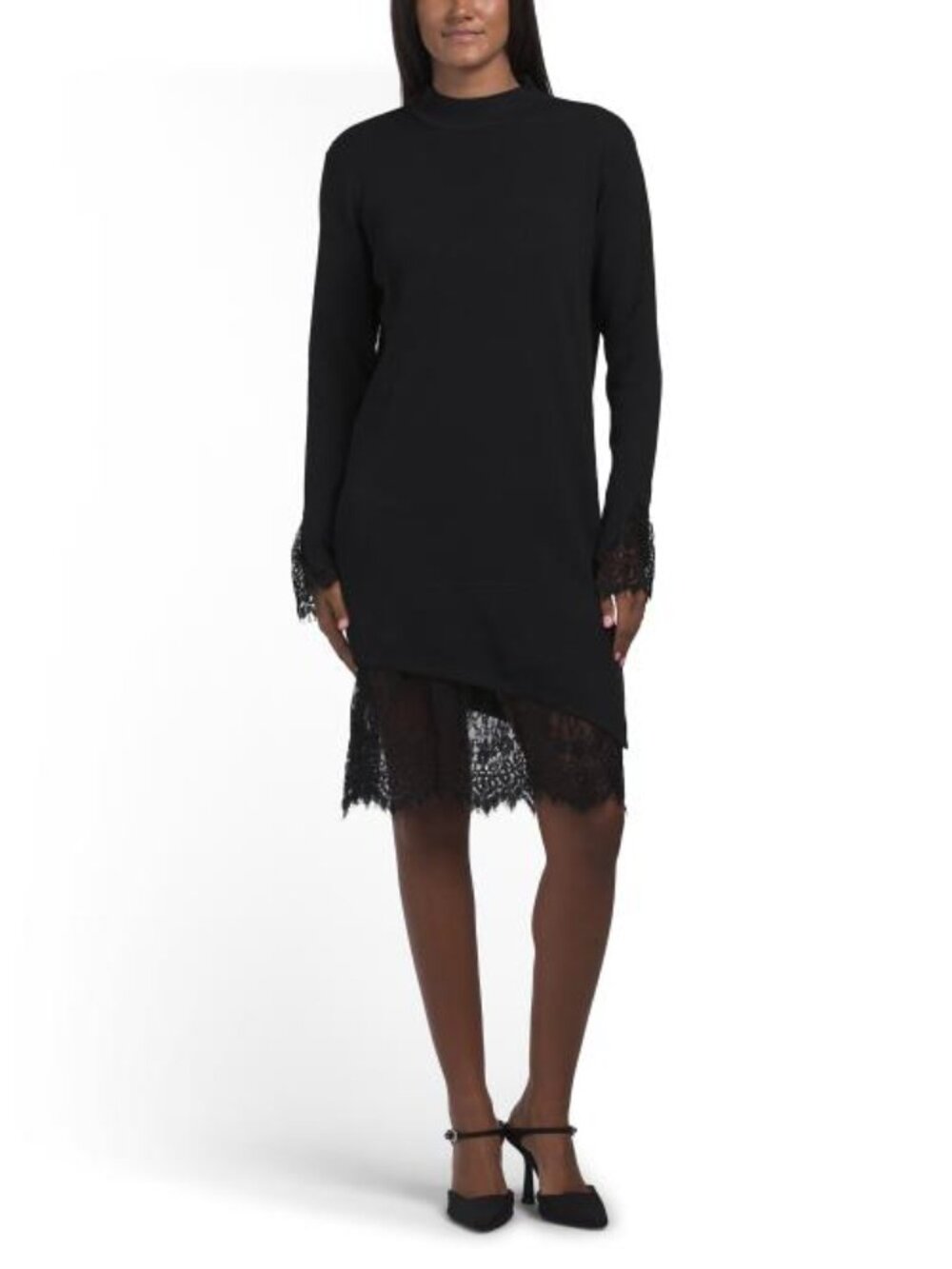 WDNY Lace Hem Turtleneck Mini Sweater Dress